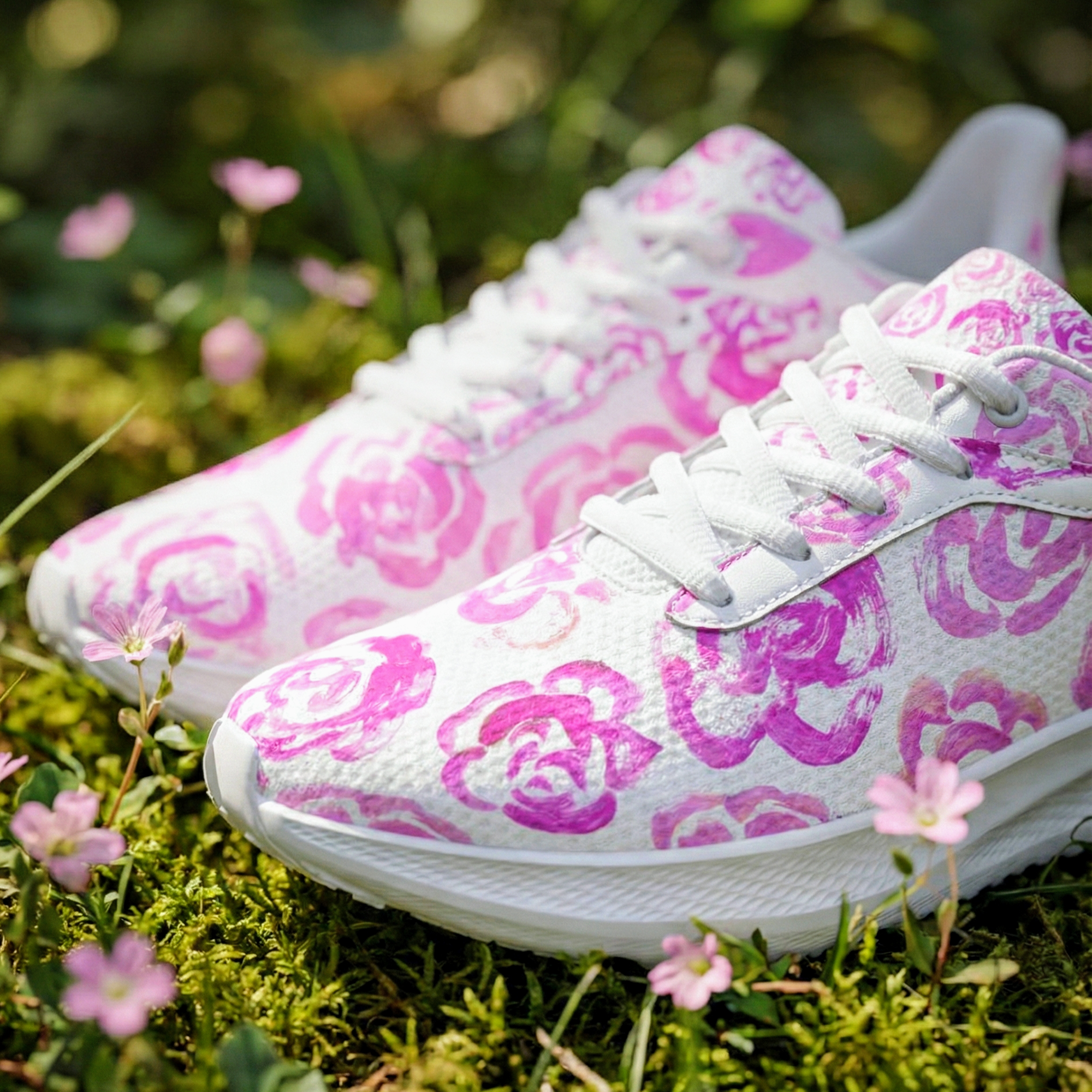 Light pink flower shoes | Art sneakers | Unisex running shoes with light pink flower blossoms. Women's & men's lightweight sports shoes. Floral print running shoes | Floral sneakers | Boho patterned shoes | Cute trainers | Flower sneakers | Gym trainers, tennis shoes & walking shoes