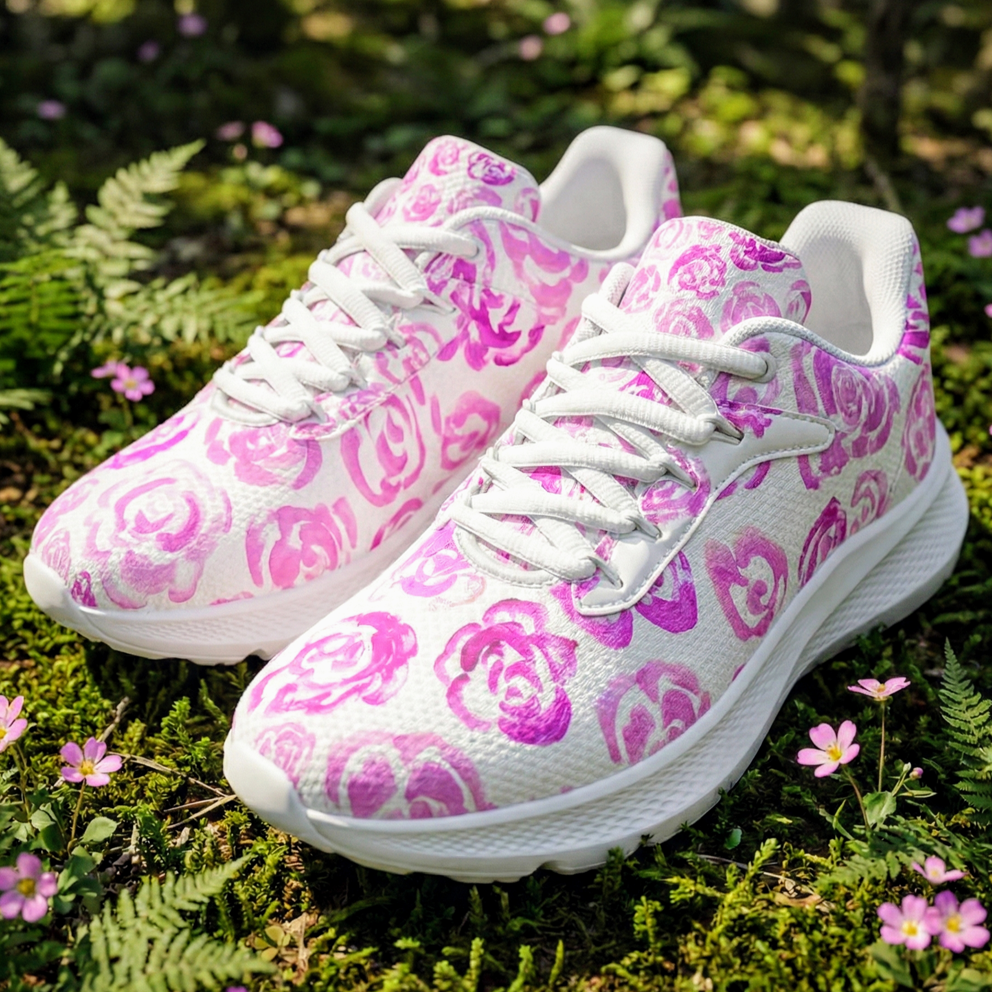 Light pink flower shoes | Art sneakers | Unisex running shoes with light pink flower blossoms. Women's & men's lightweight sports shoes. Floral print running shoes | Floral sneakers | Boho patterned shoes | Cute trainers | Flower sneakers | Gym trainers, tennis shoes & walking shoes