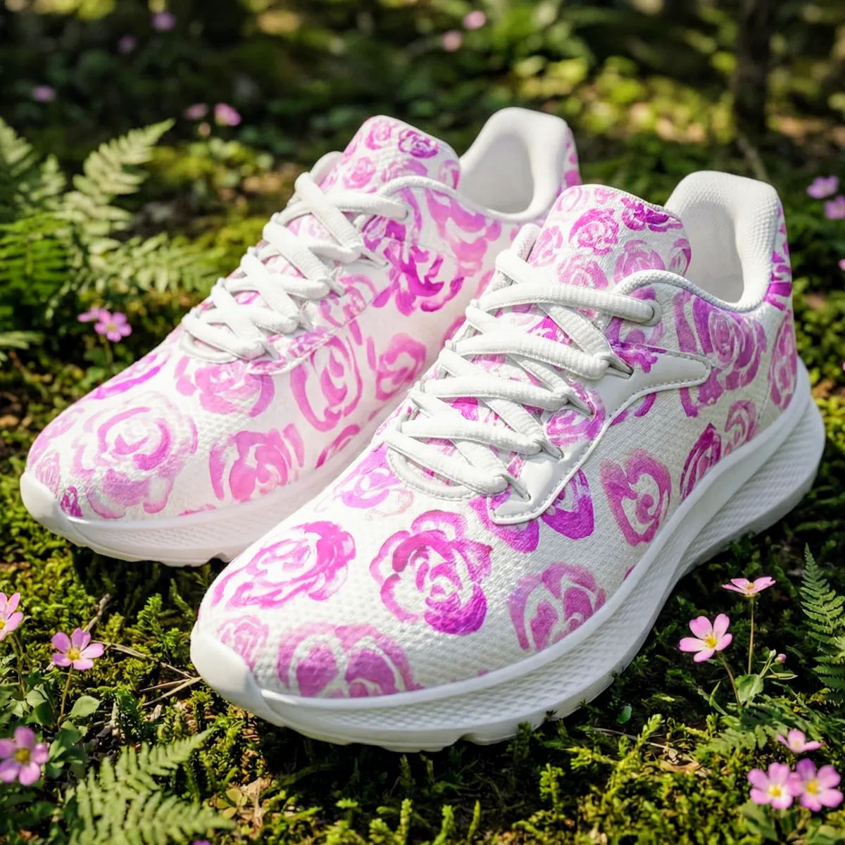 Light pink flower shoes | Art sneakers | Unisex running shoes with light pink flower blossoms. Women's & men's lightweight sports shoes. Floral print running shoes | Floral sneakers | Boho patterned shoes | Cute trainers | Flower sneakers | Gym trainers, tennis shoes & walking shoes