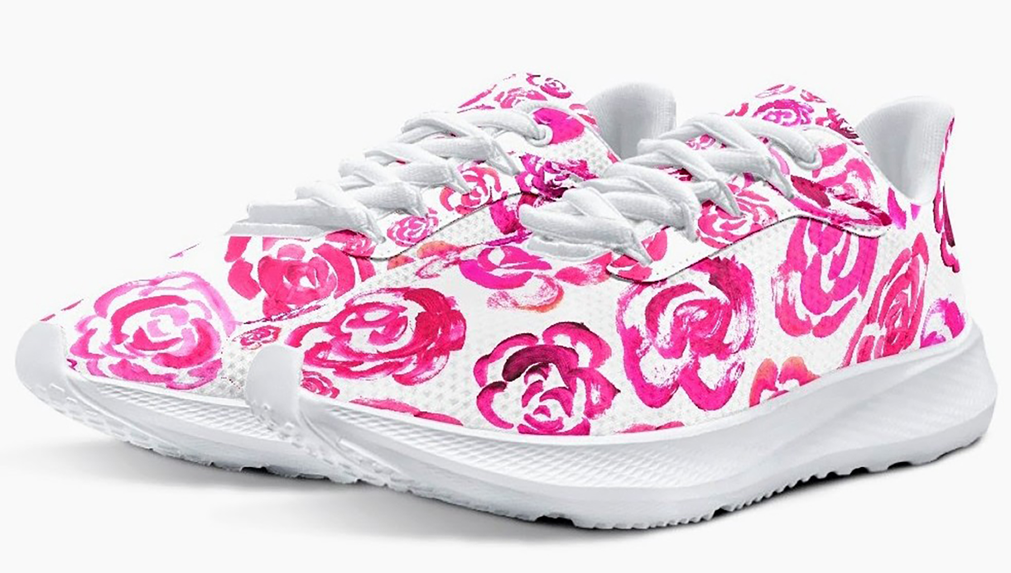 Dark pink flower shoes | Art sneakers | Unisex running shoes with dark pink flower blossoms. Women's & men's lightweight sports shoes.  Floral print running shoes | Floral sneakers | Boho patterned shoes | Cute trainers&nbsp;| Flower sneakers | Gym trainers, tennis shoes & walking shoes by Mia Mai Art