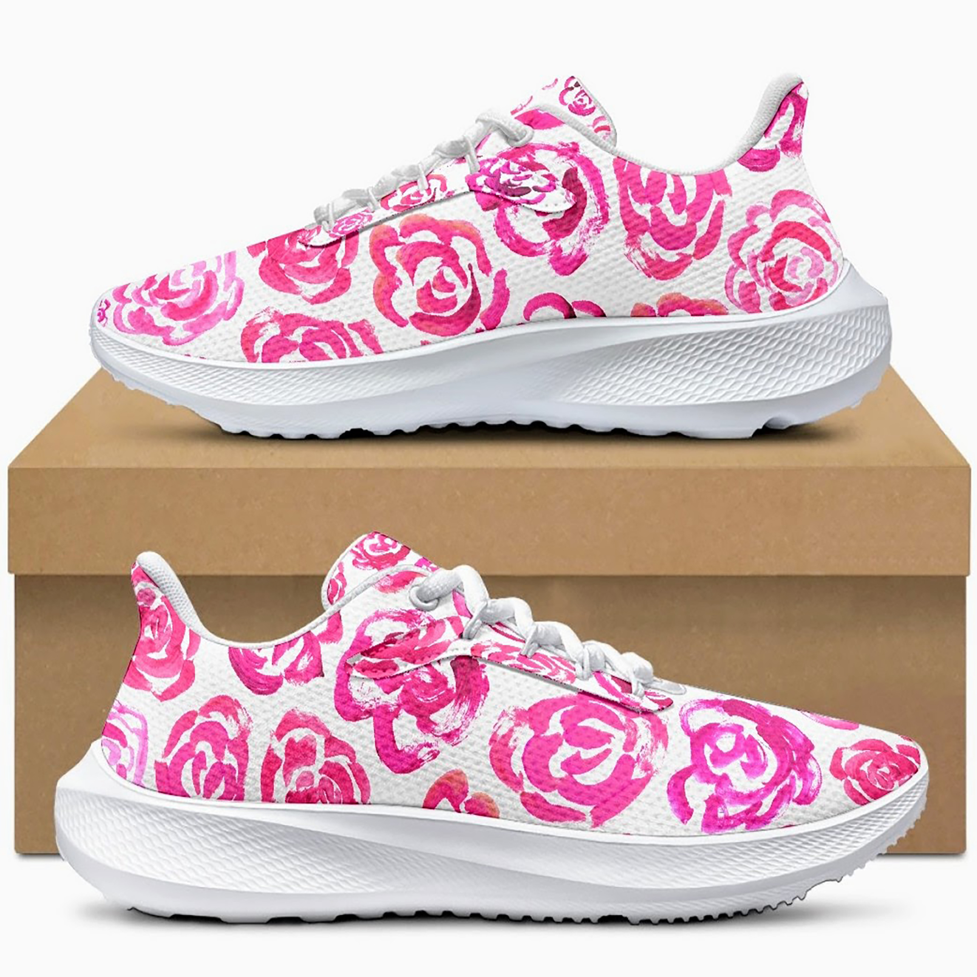 Dark pink flower shoes | Art sneakers | Unisex running shoes with dark pink flower blossoms. Women's & men's lightweight sports shoes.  Floral print running shoes | Floral sneakers | Boho patterned shoes | Cute trainers&nbsp;| Flower sneakers | Gym trainers, tennis shoes & walking shoes by Mia Mai Art