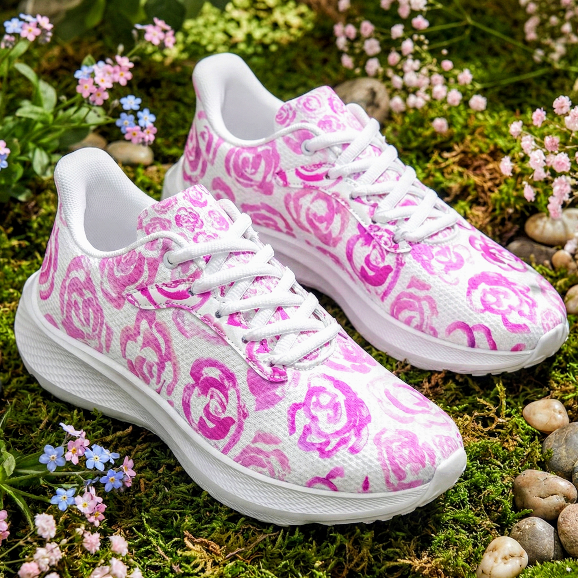 Light pink flower shoes | Art sneakers | Unisex running shoes with light pink flower blossoms. Women's & men's lightweight sports shoes. Floral print running shoes | Floral sneakers | Boho patterned shoes | Cute trainers | Flower sneakers | Gym trainers, tennis shoes & walking shoes