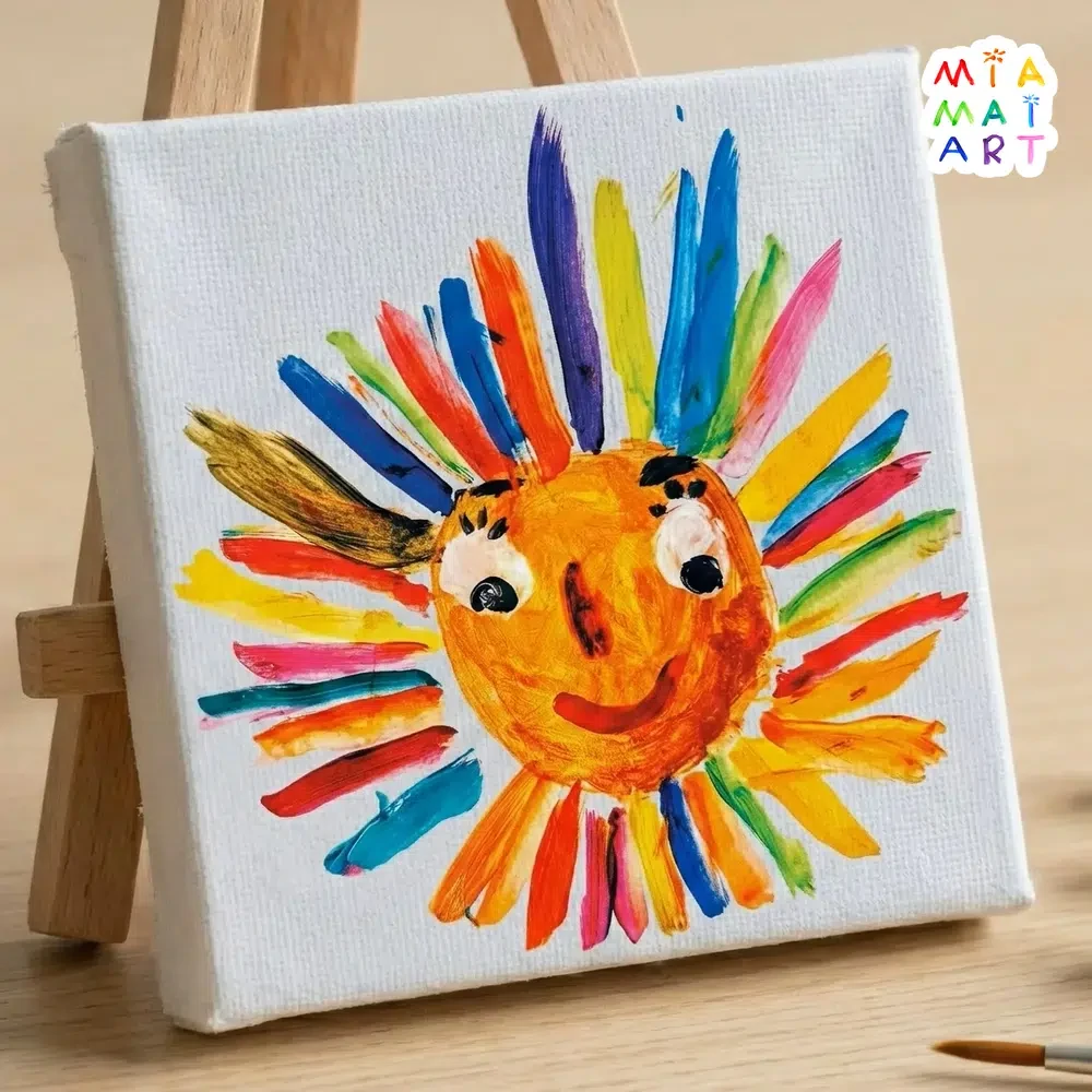 Rainbow Sun Mini Canvas Print Small Abstract Wall Art Boho Home Office Shelf Decor 4x4 Wood Frame