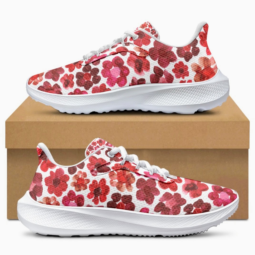 Running Shoes with Red Flower Blossoms (Unisex) Floral Print Running Shoes | Botanical Art Sneakers
