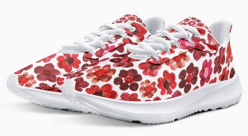 Running Shoes with Red Flower Blossoms (Unisex) Floral Print Running Shoes | Botanical Art Sneakers