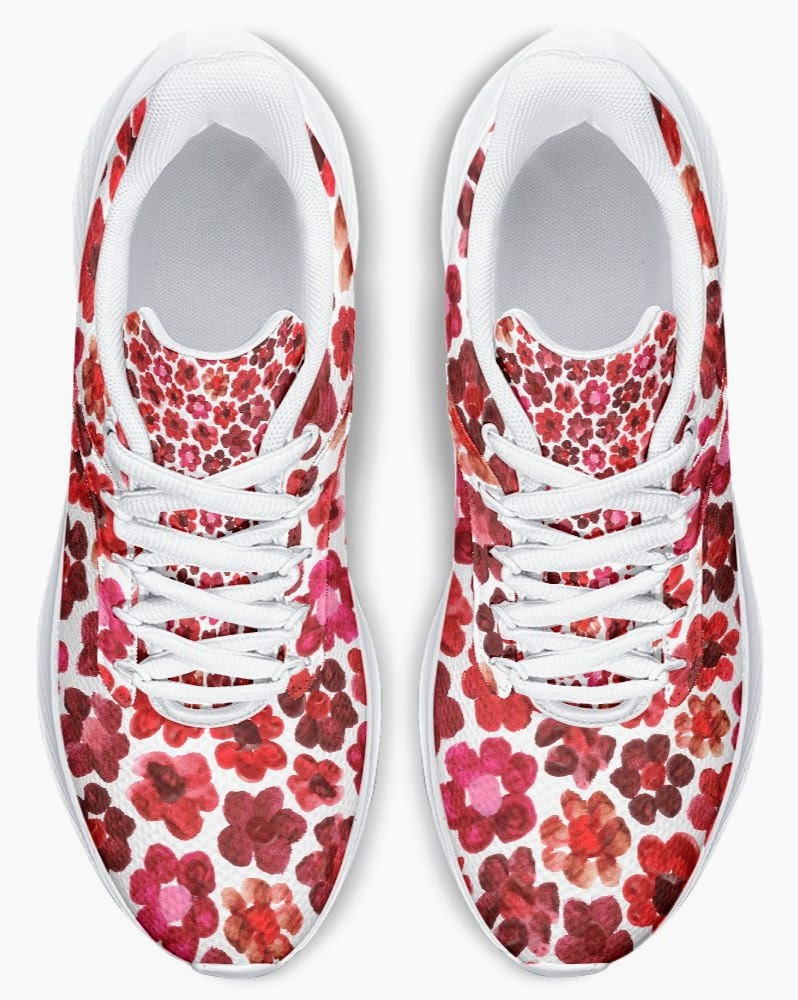Running Shoes with Red Flower Blossoms (Unisex) Floral Print Running Shoes | Botanical Art Sneakers