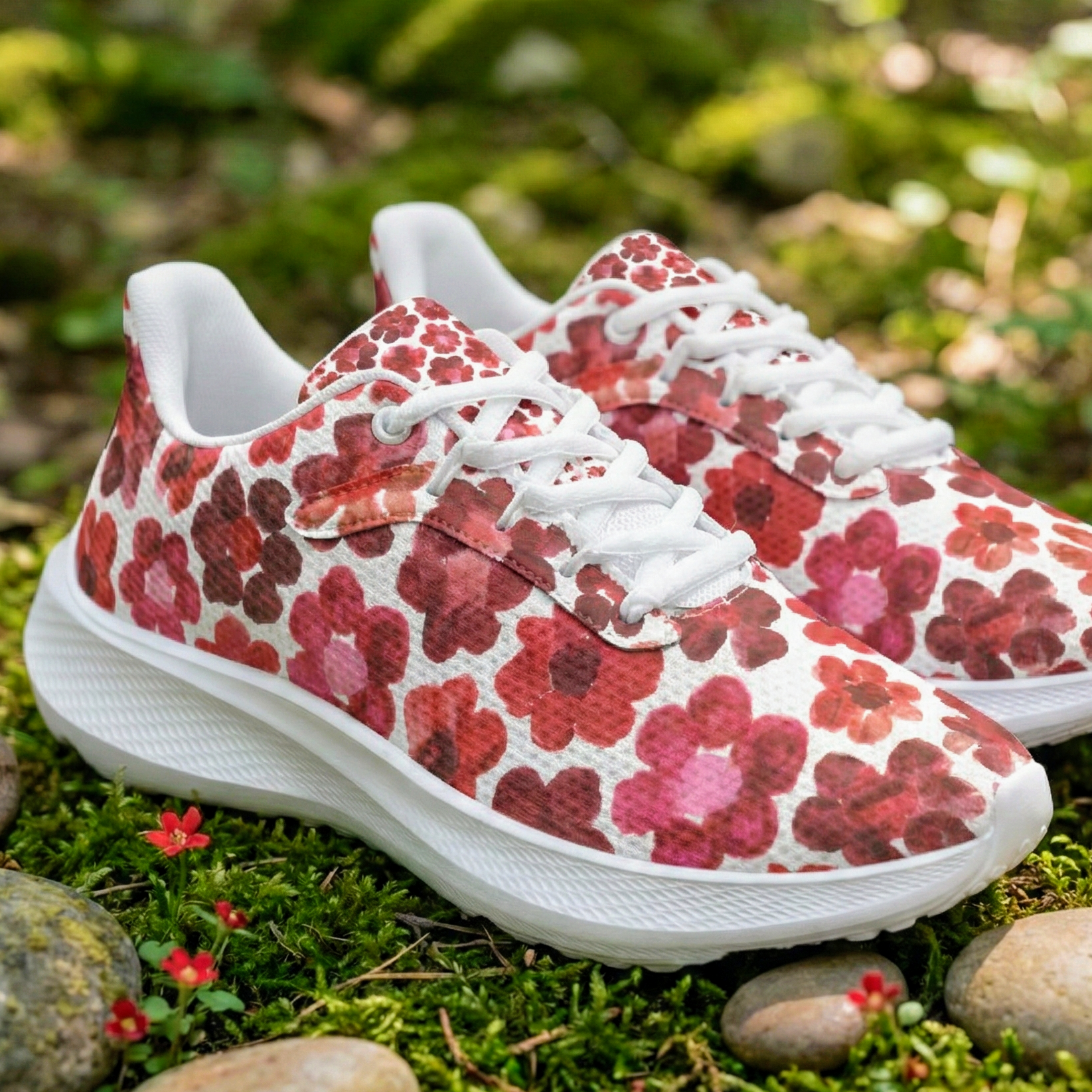 Running Shoes with Red Flower Blossoms (Unisex) Floral Print Running Shoes | Botanical Art Sneakers
