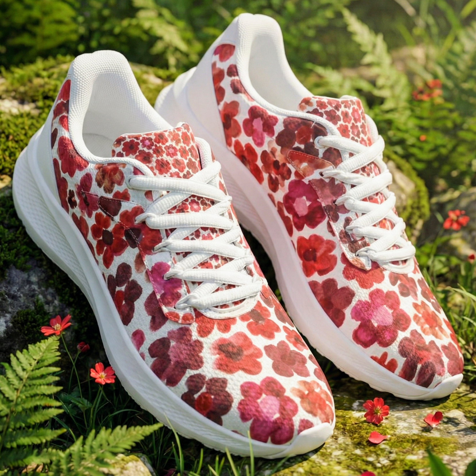 Running Shoes with Red Flower Blossoms (Unisex) Floral Print Running Shoes | Botanical Art Sneakers