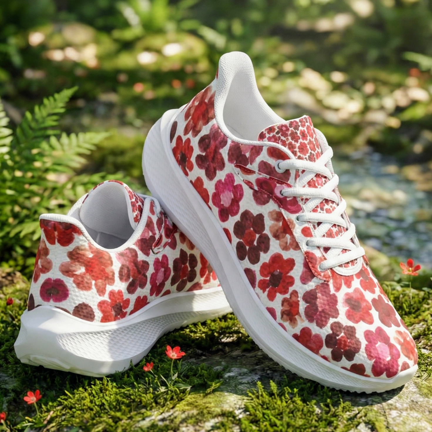 Running Shoes with Red Flower Blossoms (Unisex) Floral Print Running Shoes | Botanical Art Sneakers