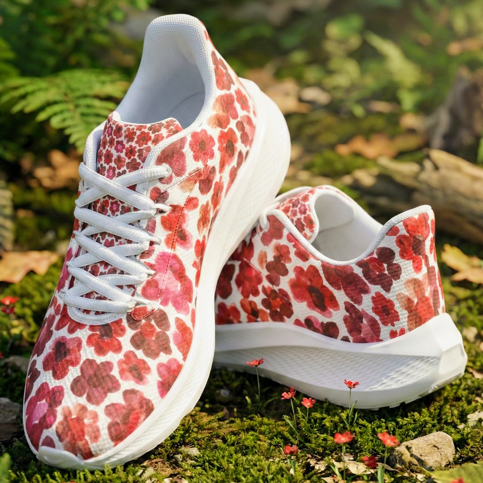 Running Shoes with Red Flower Blossoms (Unisex) Floral Print Running Shoes | Botanical Art Sneakers
