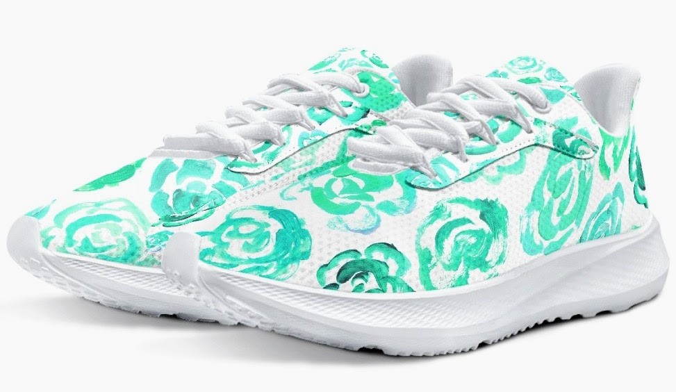 Running Shoes with Aqua Color Flower Blossoms (Unisex) Floral Print Running Shoes | Mia Mai Art