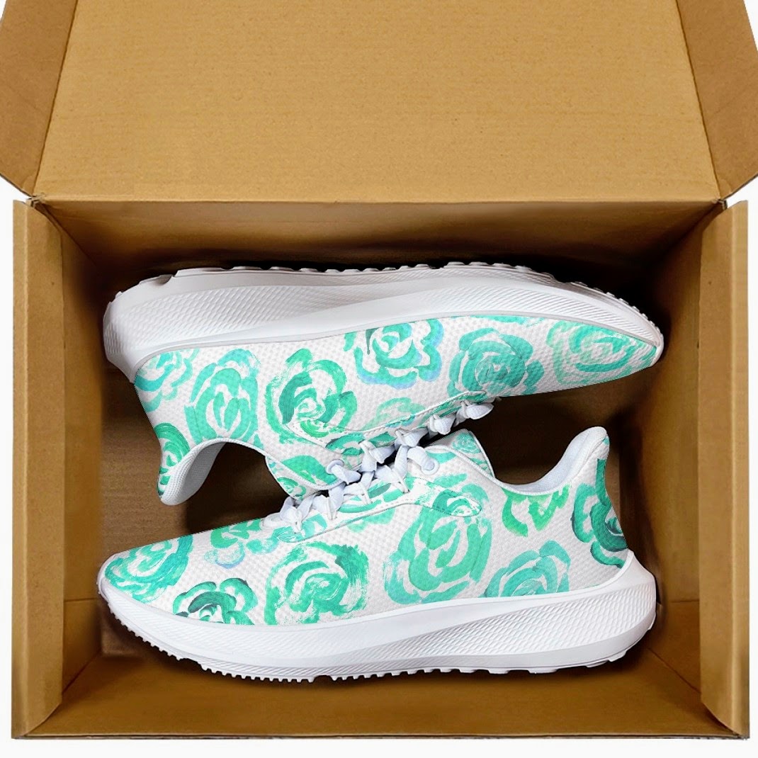 Running Shoes with Aqua Color Flower Blossoms (Unisex) Floral Print Running Shoes | Mia Mai Art