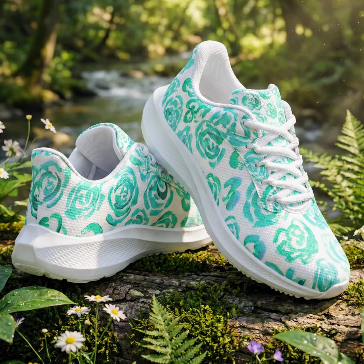 Running Shoes with Aqua Color Flower Blossoms (Unisex) Floral Print Running Shoes | Mia Mai Art