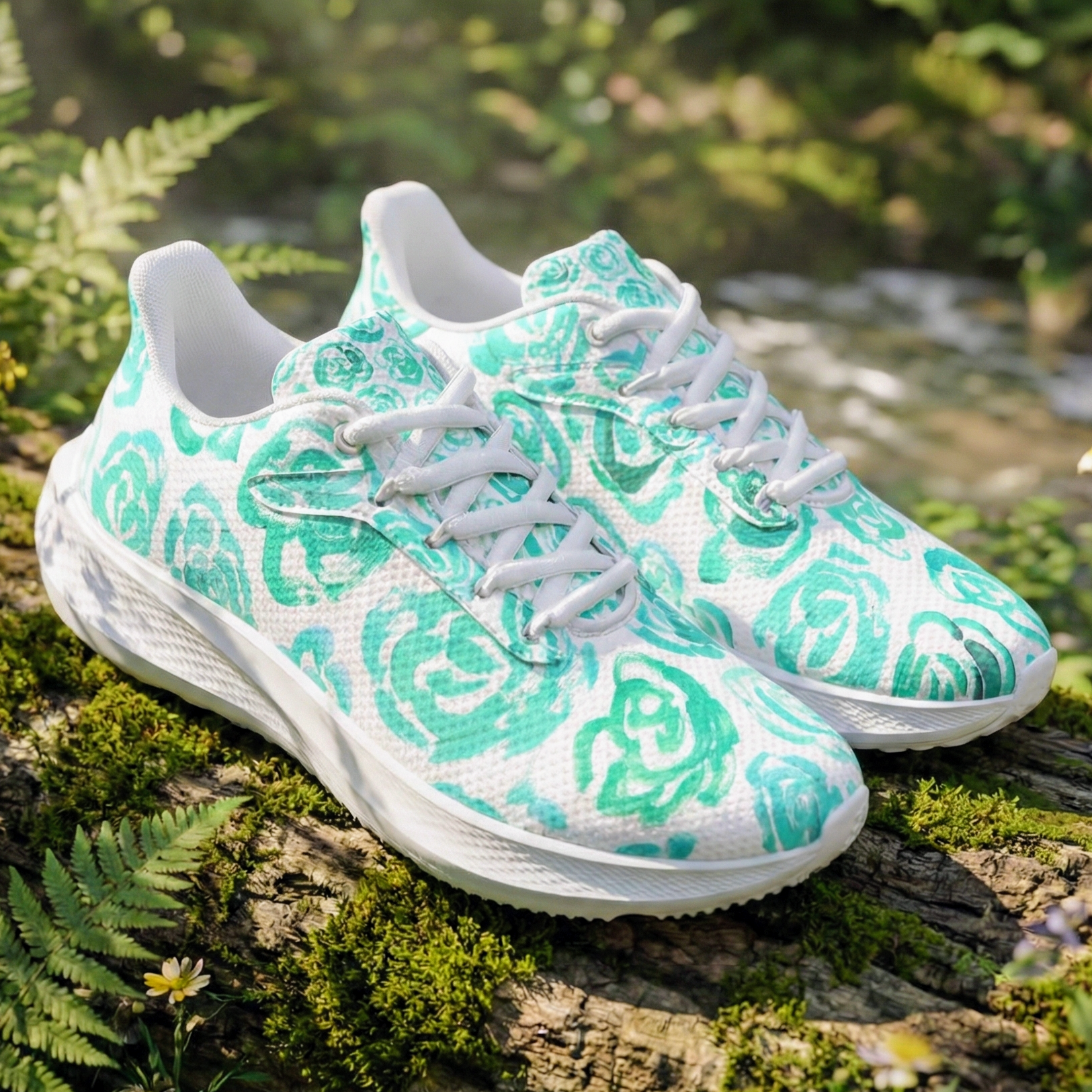 Running Shoes with Aqua Color Flower Blossoms (Unisex) Floral Print Running Shoes | Mia Mai Art