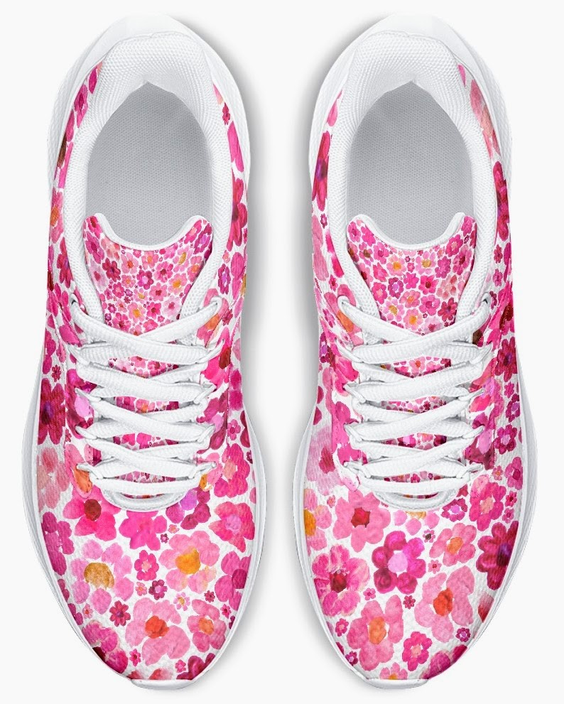 Pink Floral Running Shoes (Unisex) with Painted Pink Flower Blossoms | Botanical Art Sneakers