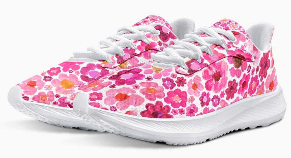 Pink Floral Running Shoes (Unisex) with Painted Pink Flower Blossoms | Botanical Art Sneakers