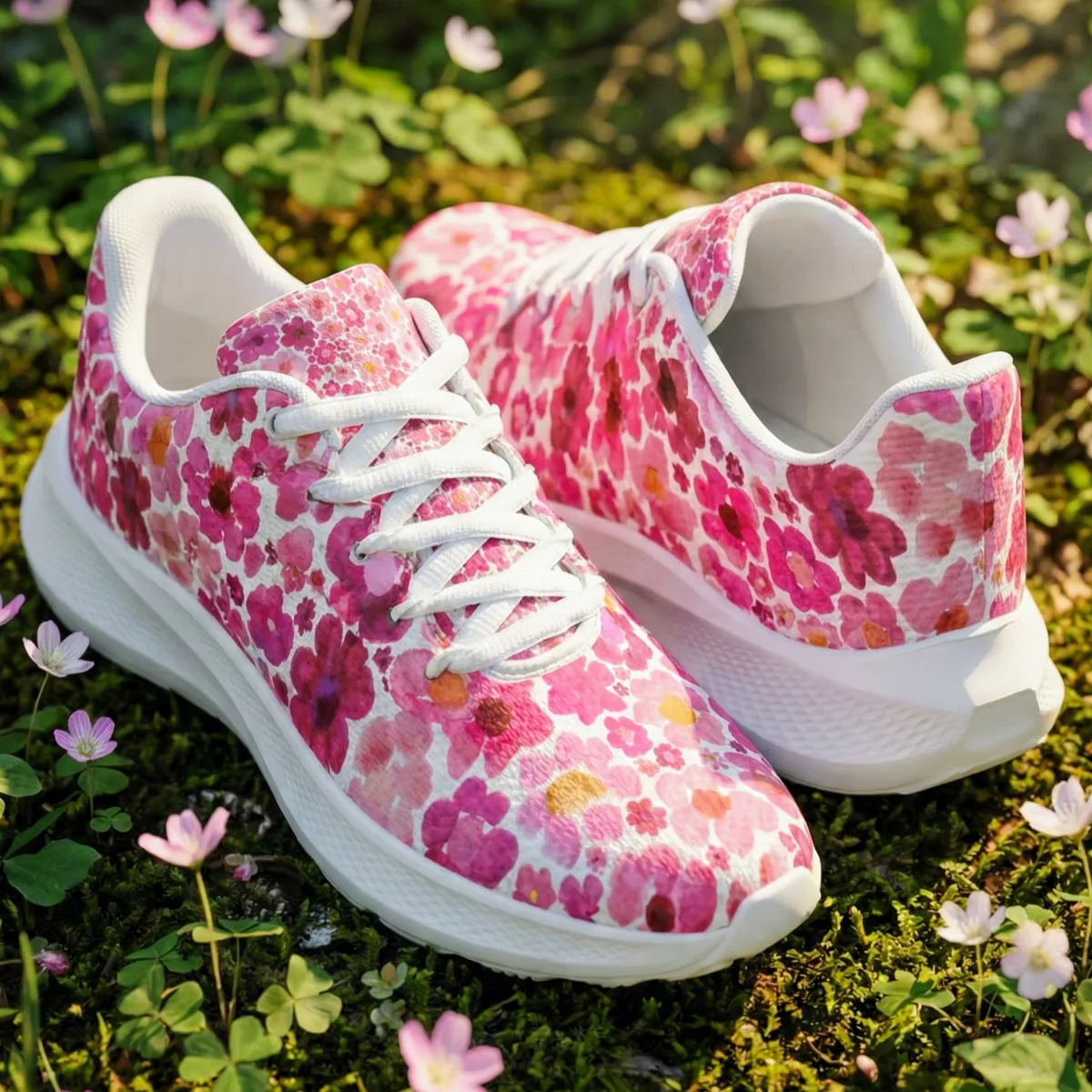 Pink Floral Running Shoes (Unisex) with Painted Pink Flower Blossoms | Botanical Art Sneakers
