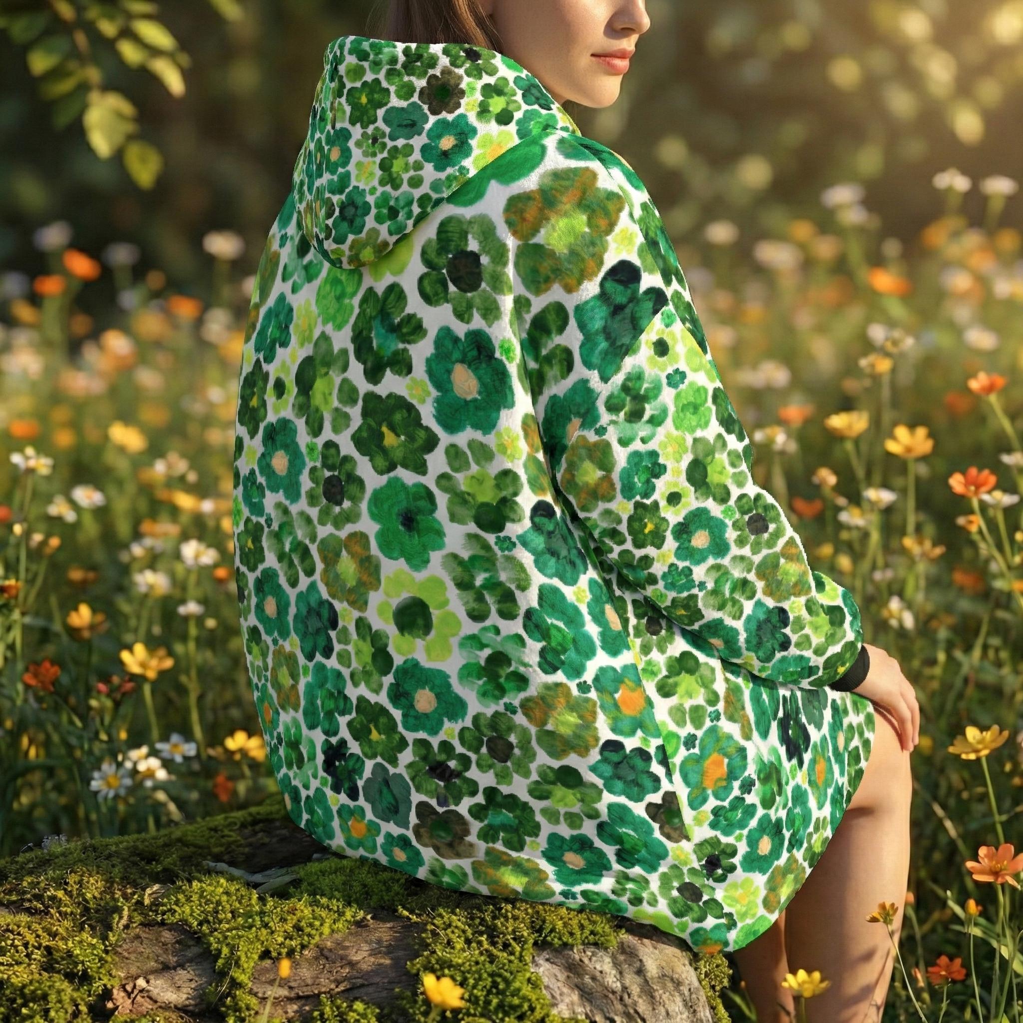 Women's Green Flower Hoodie | Oversized Wearable Blanket | Zen Blossom Floral Print Sherpa Fleece