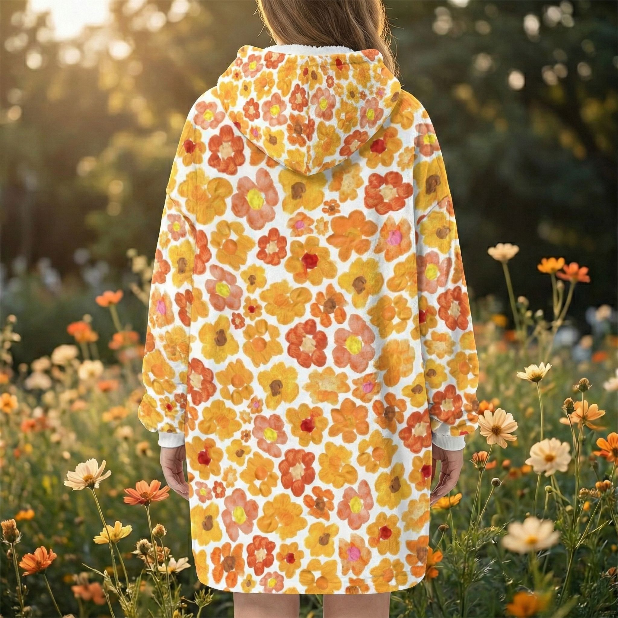 Women's orange flower hoodie Oversized wearable blanket Floral print sherpa fleece Zen blossom pattern