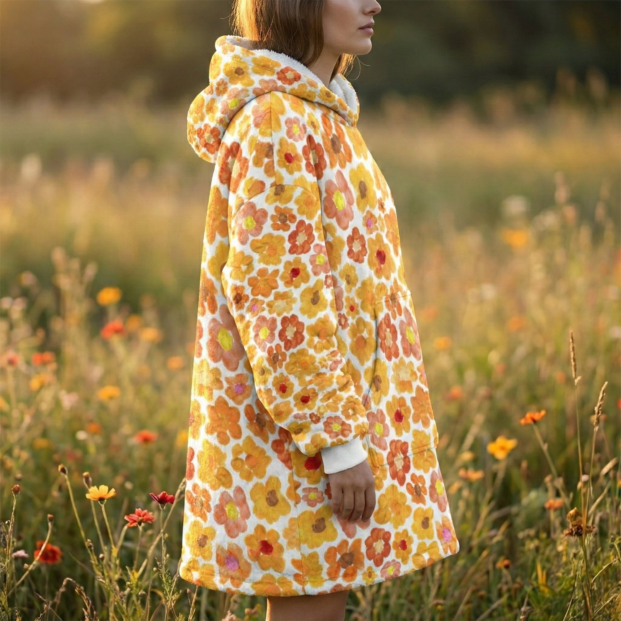 Women's orange flower hoodie Oversized wearable blanket Floral print sherpa fleece Zen blossom pattern