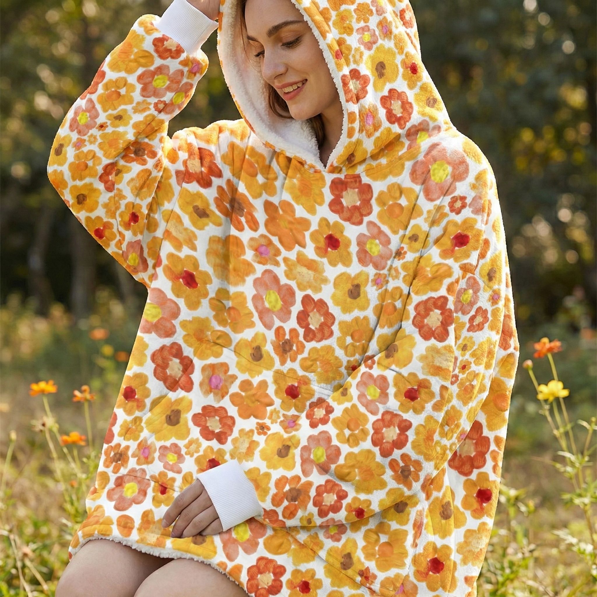 Women's orange flower hoodie Oversized wearable blanket Floral print sherpa fleece Zen blossom pattern