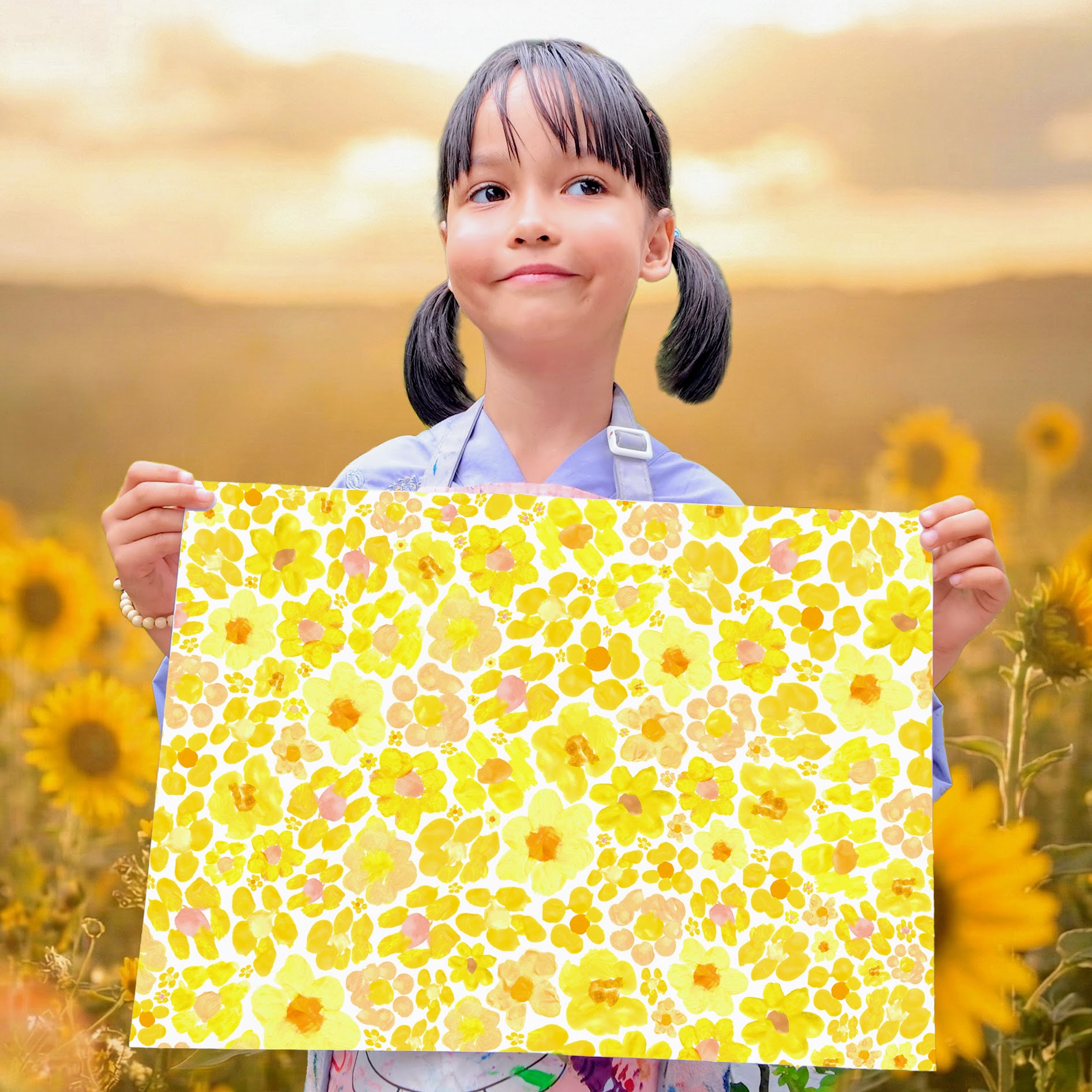 Artist Mia Mai with yellow painted flower blossoms