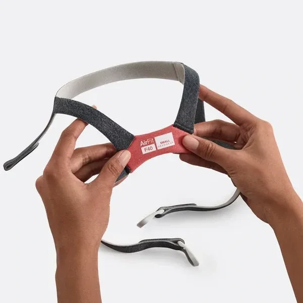 The ResMed AirFit F40 headgear shown connected to the F40 mask frame to illustrate its use as a replacement part.