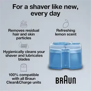 A Braun electric shaver docked in its Clean&Charge station, with a CCR refill cartridge clearly visible.
