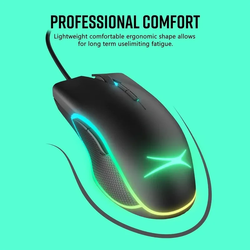 A person's hand comfortably holding the Altec Lansing GM300 gaming mouse, which is lit up with RGB colors.