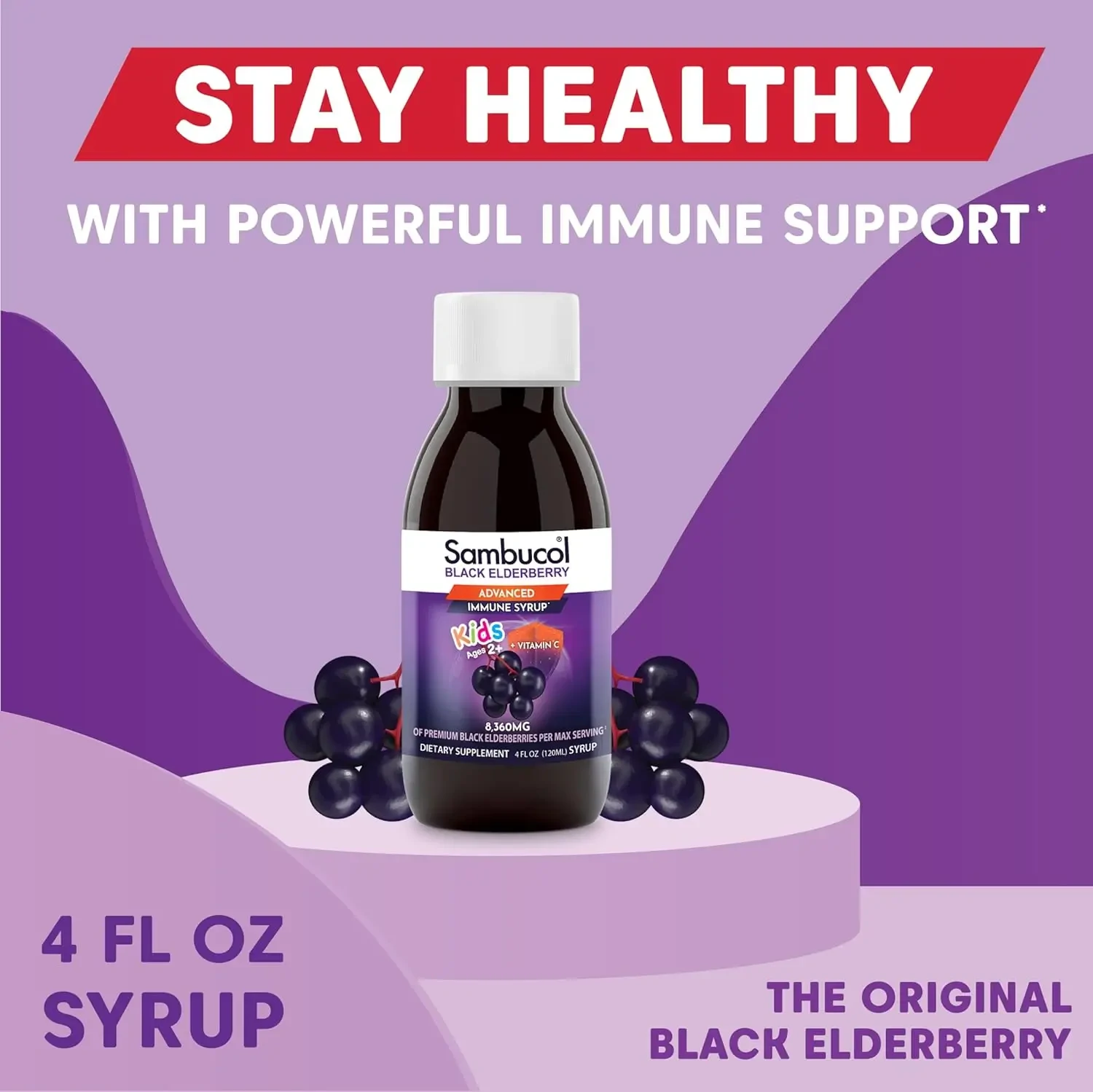 Sambucol Kids Black Elderberry Syrup bottle with berry flavor label