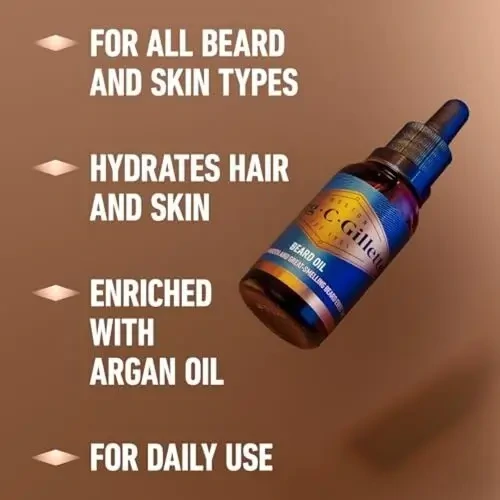 King C. Gillette Men's Beard Oil in its 1 Fl Oz bottle with a dropper, set against a clean, white background.