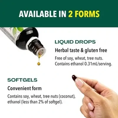 A close-up of a single clear Iberogast softgel held between two fingers, highlighting its liquid herbal center.