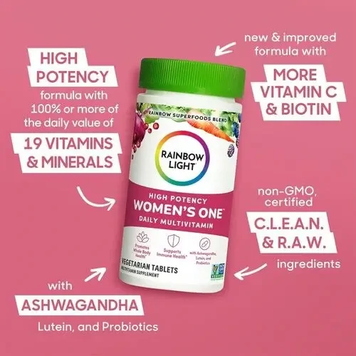 Rainbow Light Women's One Multivitamin tablets supporting women's energy and immune health daily