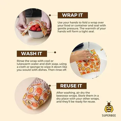 Superbee Ecowrap Beeswax Food Wraps covering various bowls and food items.