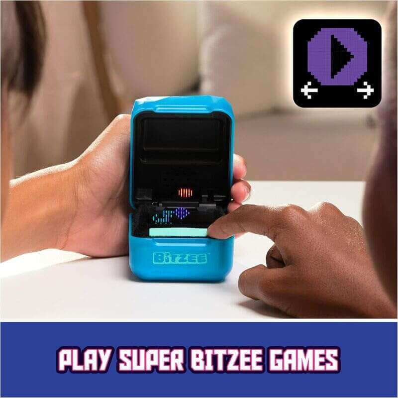 A child's hands petting the Bitzee Magicals digital creature, showing the touch interaction.