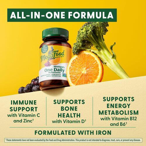 Detailed view of MegaFood Women's One Daily benefits for energy, immune, and women's health