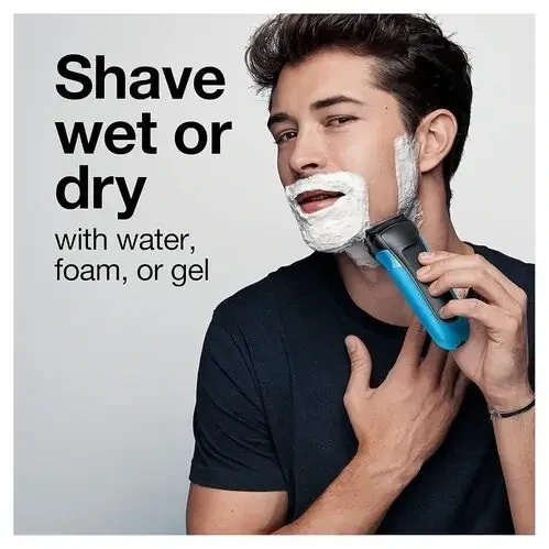 The Braun Series 3 310s Electric Shaver in blue and black, shown from the front to highlight the 3 flexible foil blades.