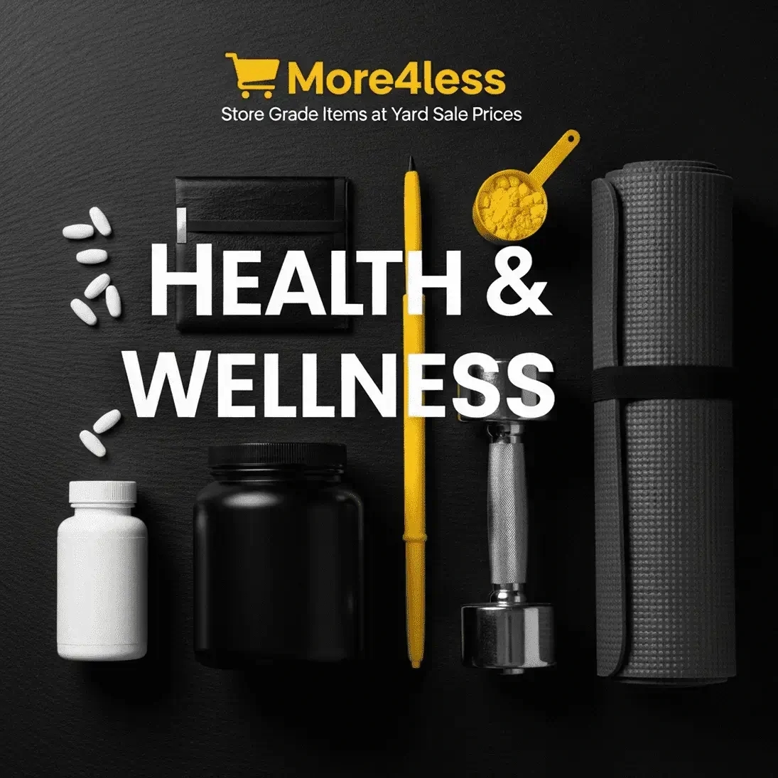 An assortment of health and wellness products including vitamins, supplements, and protein powder