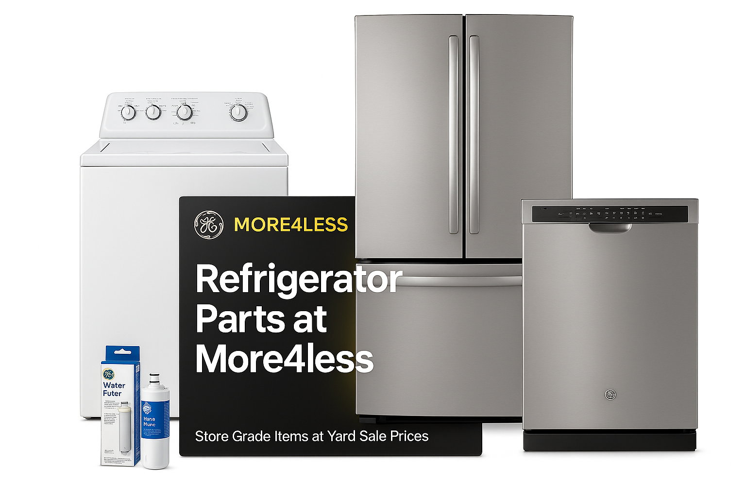 A collection of various GE appliance replacement parts, including a water filter, control knob, and washer belt, laid out on a clean white surface.