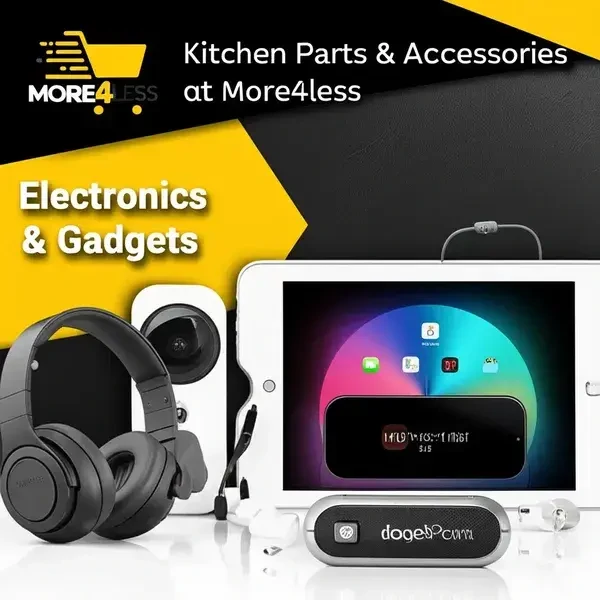 A vibrant display of electronics like headphones and a smartwatch from More4less