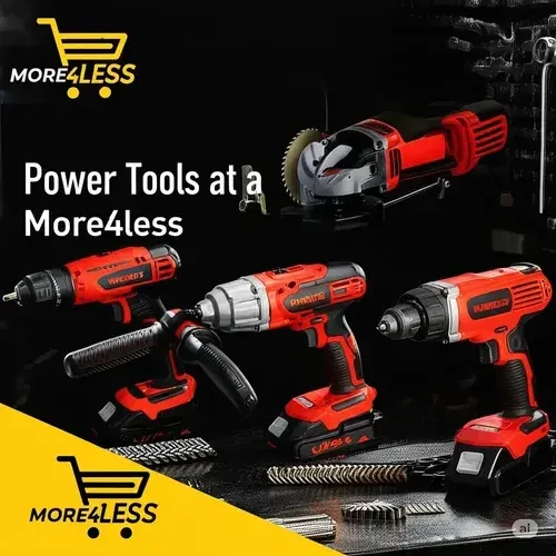 A rugged display of power tools like a drill and saw from More4less