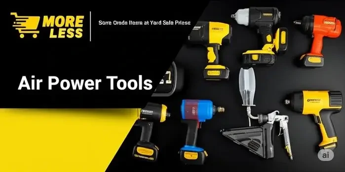 A professional display of air power tools including a compressor and nail gun