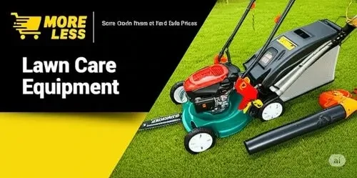A vibrant display of lawn care equipment including a lawn mower and hedge trimmer