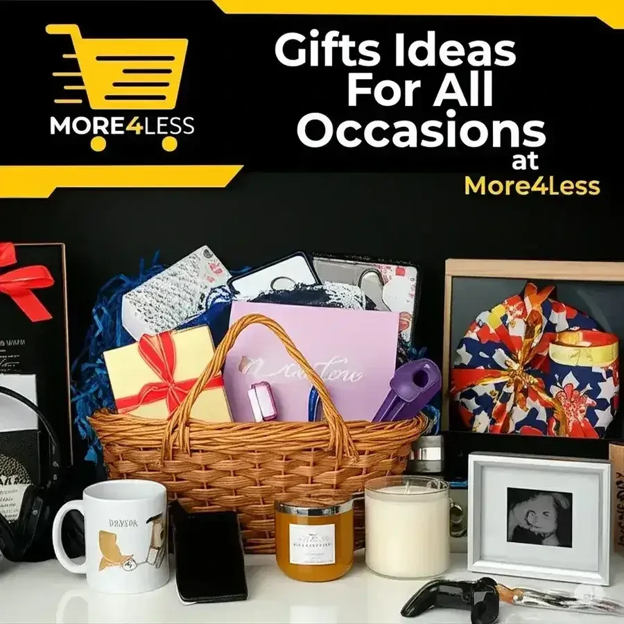 Assortment of gift ideas including personalized mugs and gift baskets