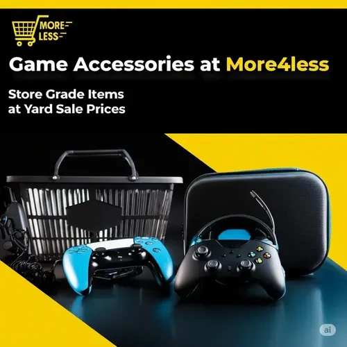 A modern display of game accessories including controllers and headsets