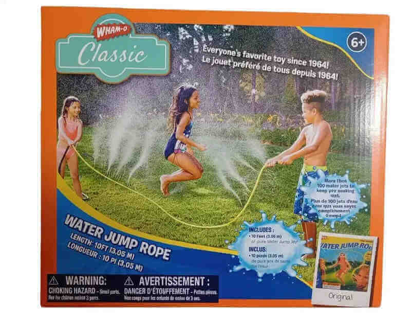 The Wham-O Classic 10-foot Water Jump Rope, a blue and red outdoor toy for kids.