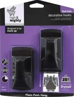 HIGH & MIGHTY Tool Free Decorative Hook, 2 Hooks, 20LB Limit, White Or Black