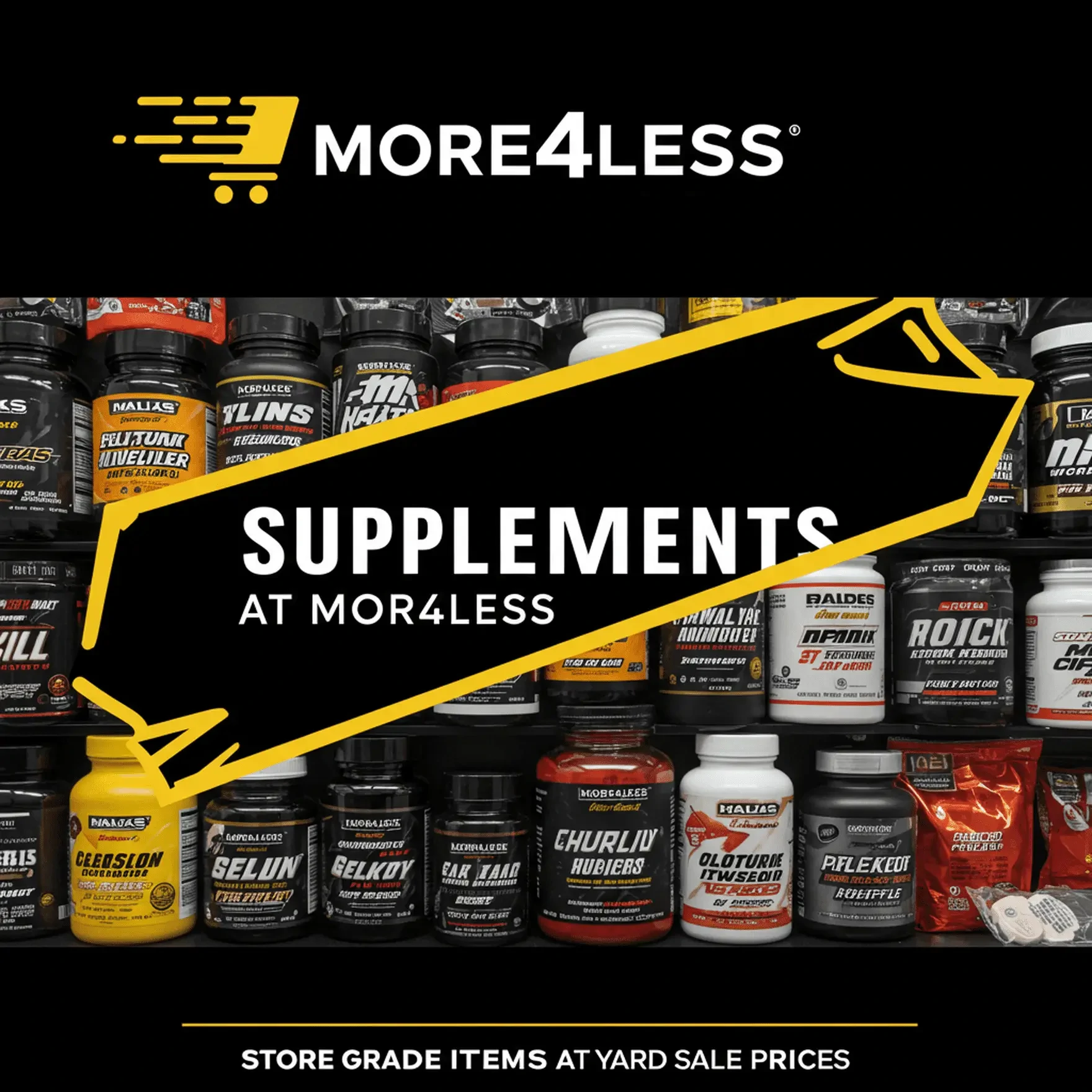 A collection of supplement bottles and containers from More4less