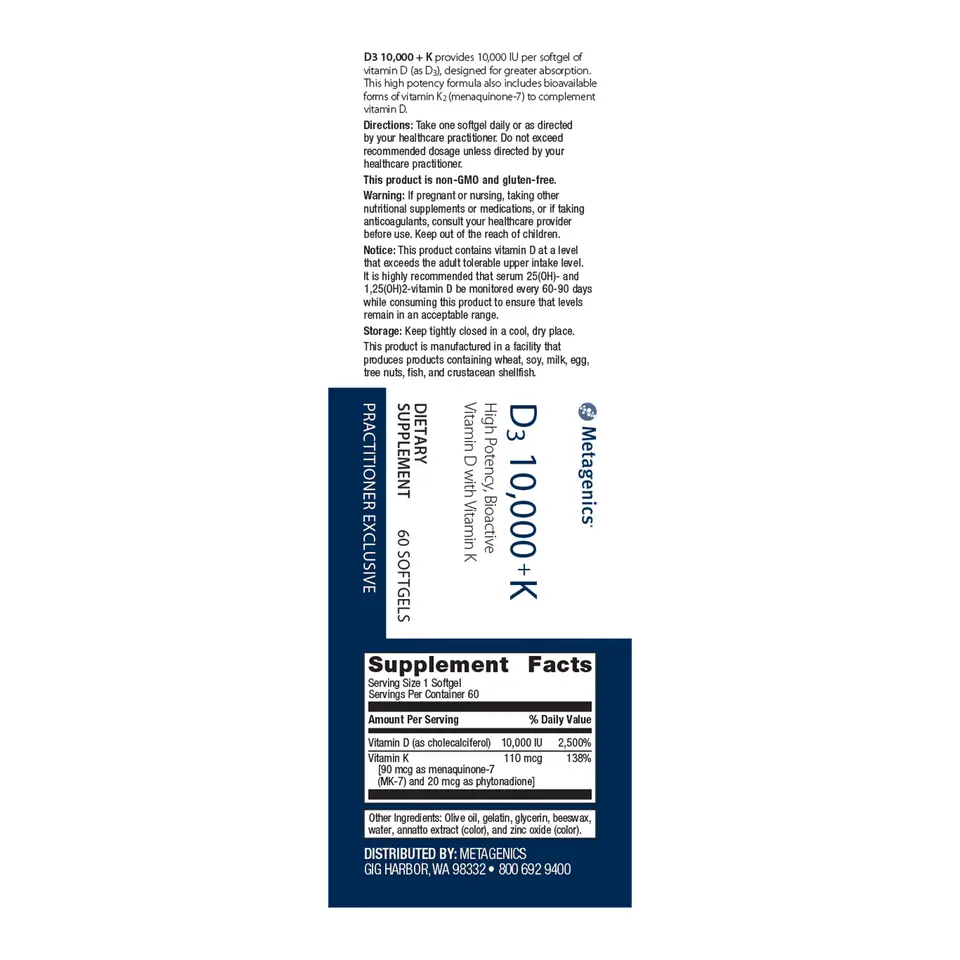 Metagenics Vitamin D3 10000 + K, - Non-GMO - Gluten-Free - 60 Softgels