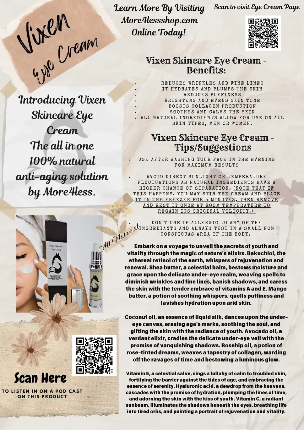 Vixen Skincare Benefits Flyer and Tips